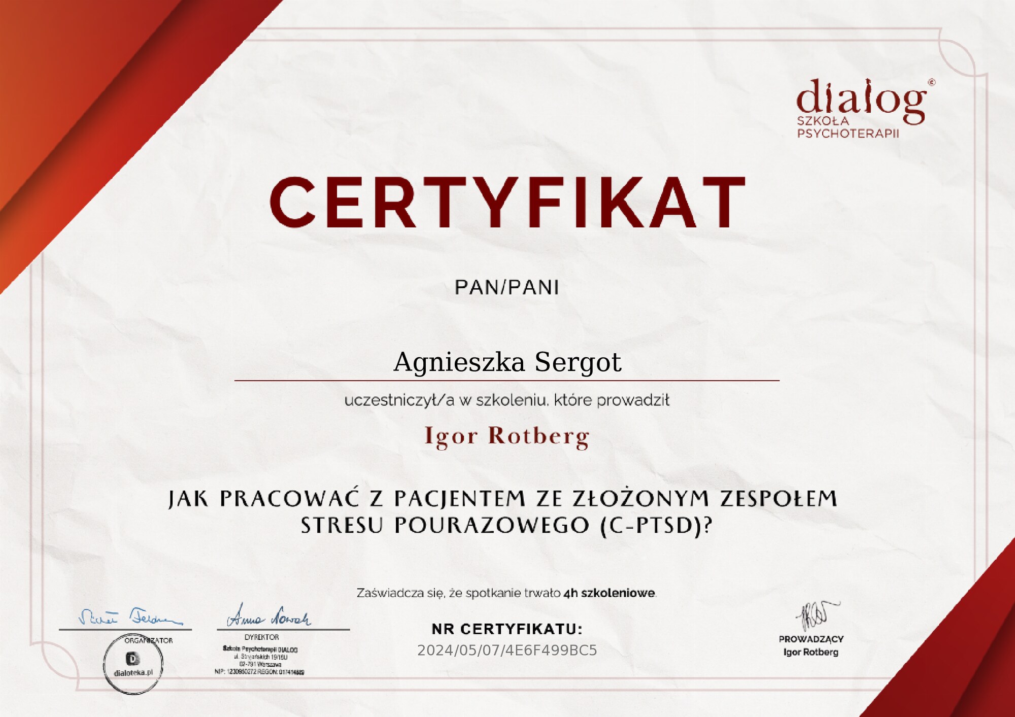 Certyfikat: Psychotraumatologia — #4