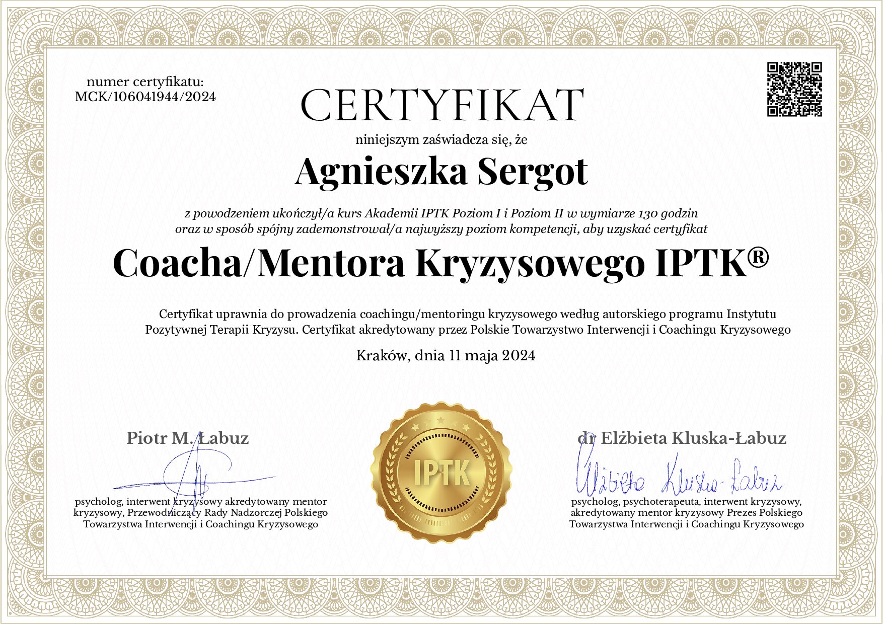 Certyfikat: Certyfikowany Coach / Mentor / Konsultant Kryzysowy IPTK