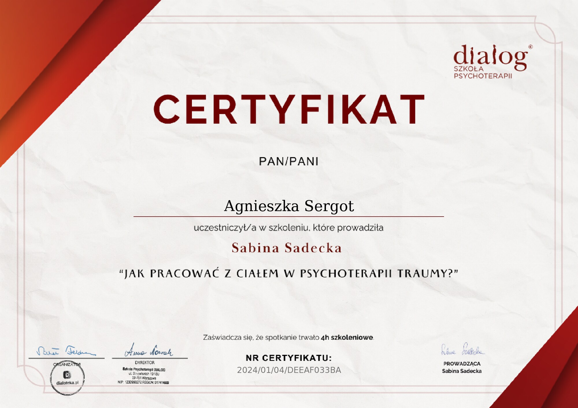 Certyfikat: Praca z ciałem w terapii traumy