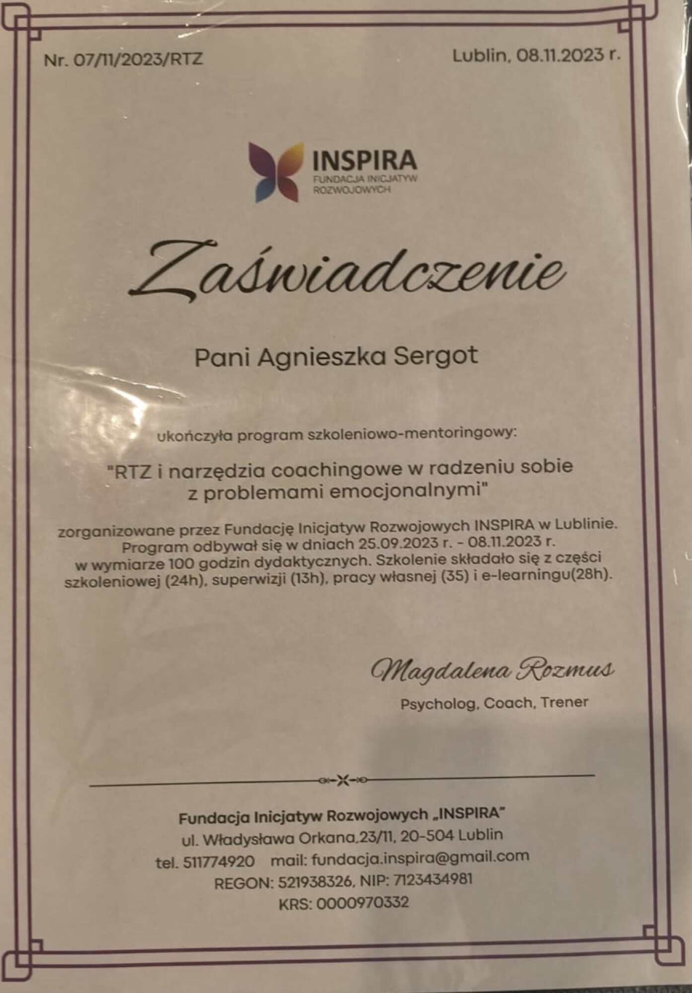 Certyfikat: RTZ i narzędzia coachingowe