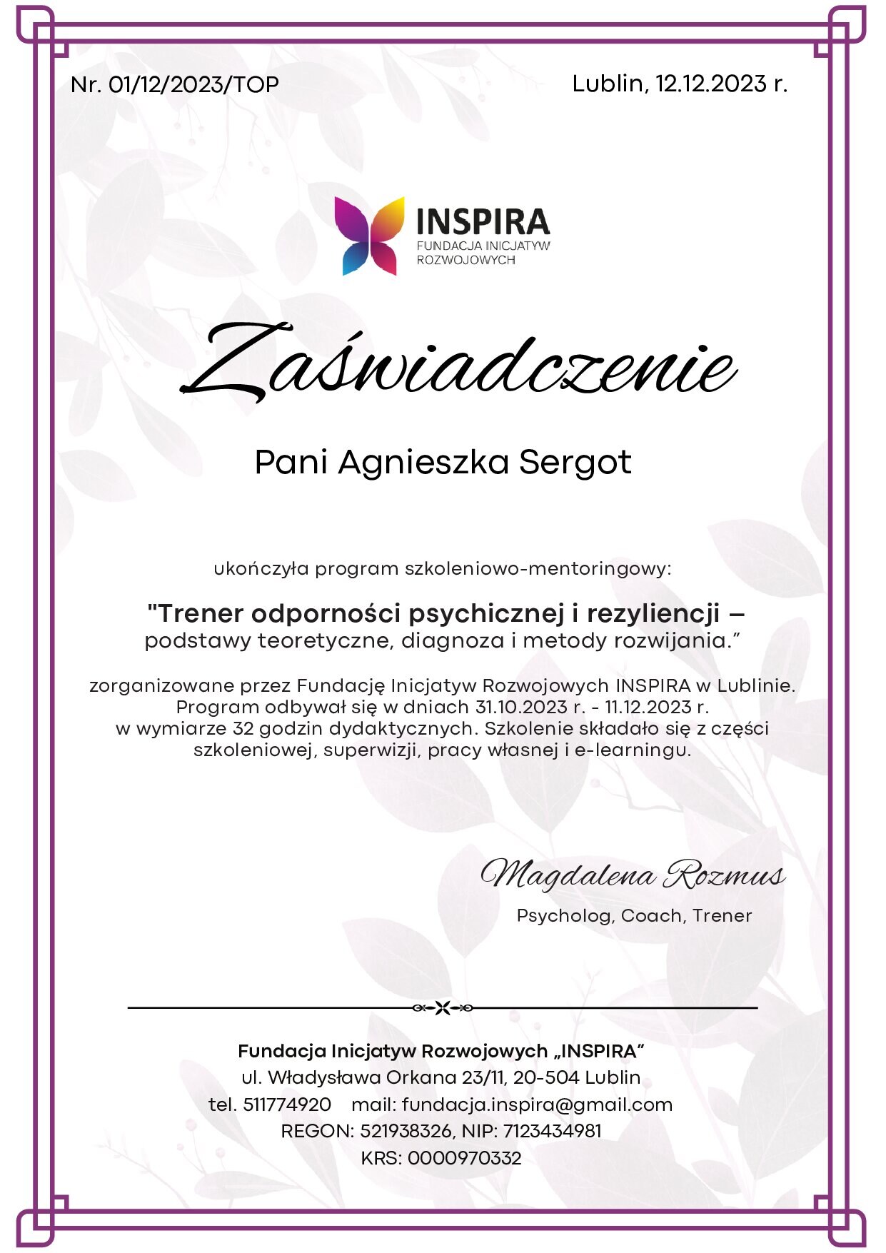 Certyfikat: Trener odporności psychicznej i rezyliencji