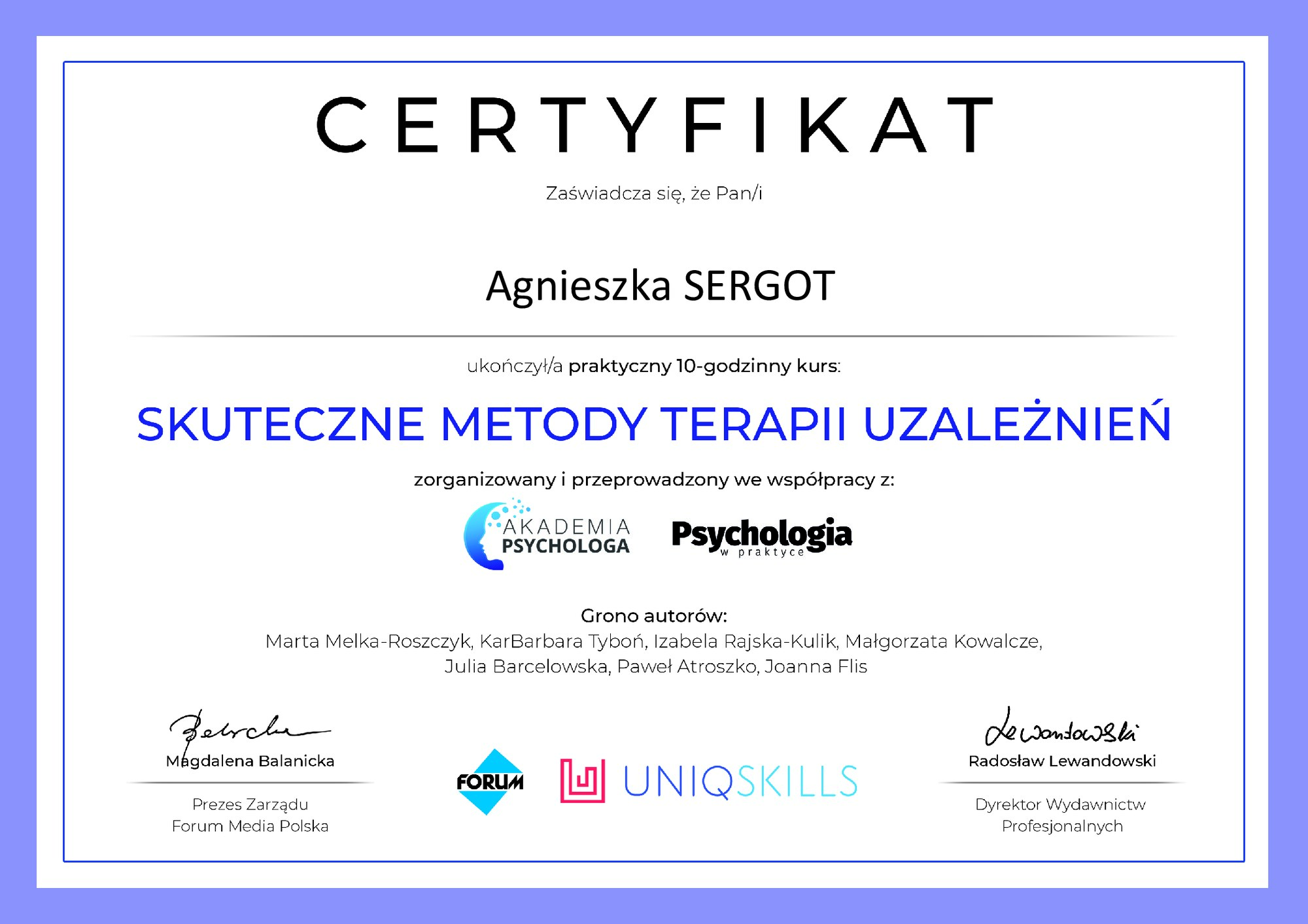 Certyfikat: Psychologia uzależnień — #2